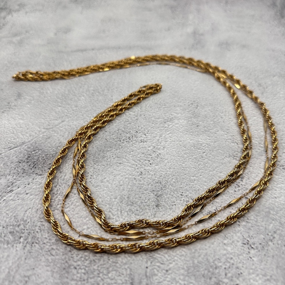 Gold Tone Triple Strand Rope Chain Necklace Vintage Layered Statement Jewelry